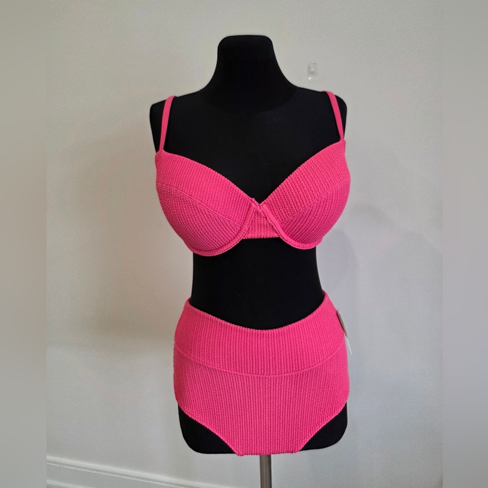 NWT PINK Victoria's secret Bikini high waisted M & push up Top Set S - DD - pink